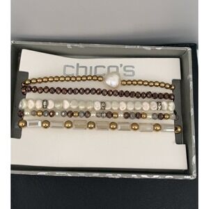 NWT Chico's Gold Tone & Faux Pearl beaded stacking stretch bracelet set